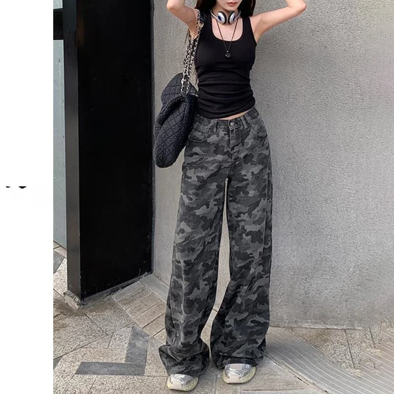 Dark Wide Leg Baggy Jeans Women's Vintage Y2K Punk High Waist Cotton Stretch Denim Pants Ladies Fashion Spring Collection