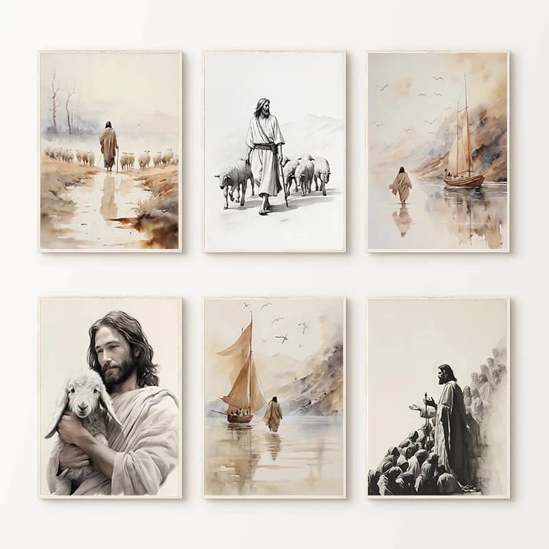 Jesus Walks on Water Christian Good Shepherd Art Poster Bible Watercolor Diamond Painting Living Room Home Decor Frameless Gif