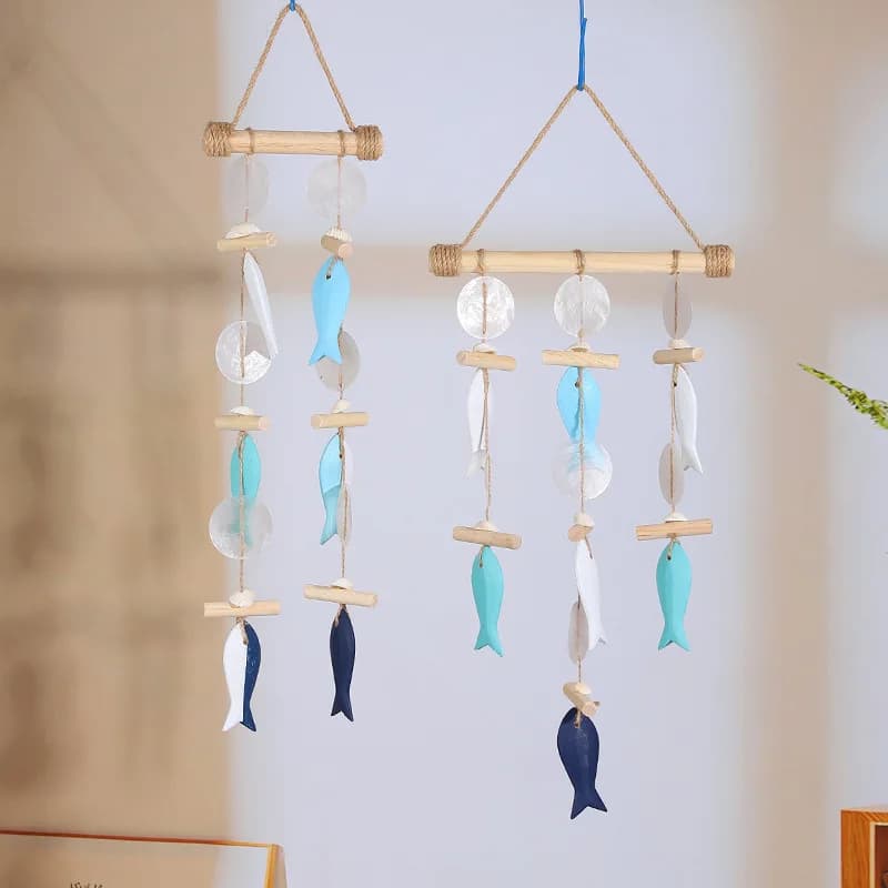 Mediterranean Wall Fish Skew Shell Pendant Decorations Homestay Hotel Solid Wood Rope Wind Chimes Hanging Photography Props