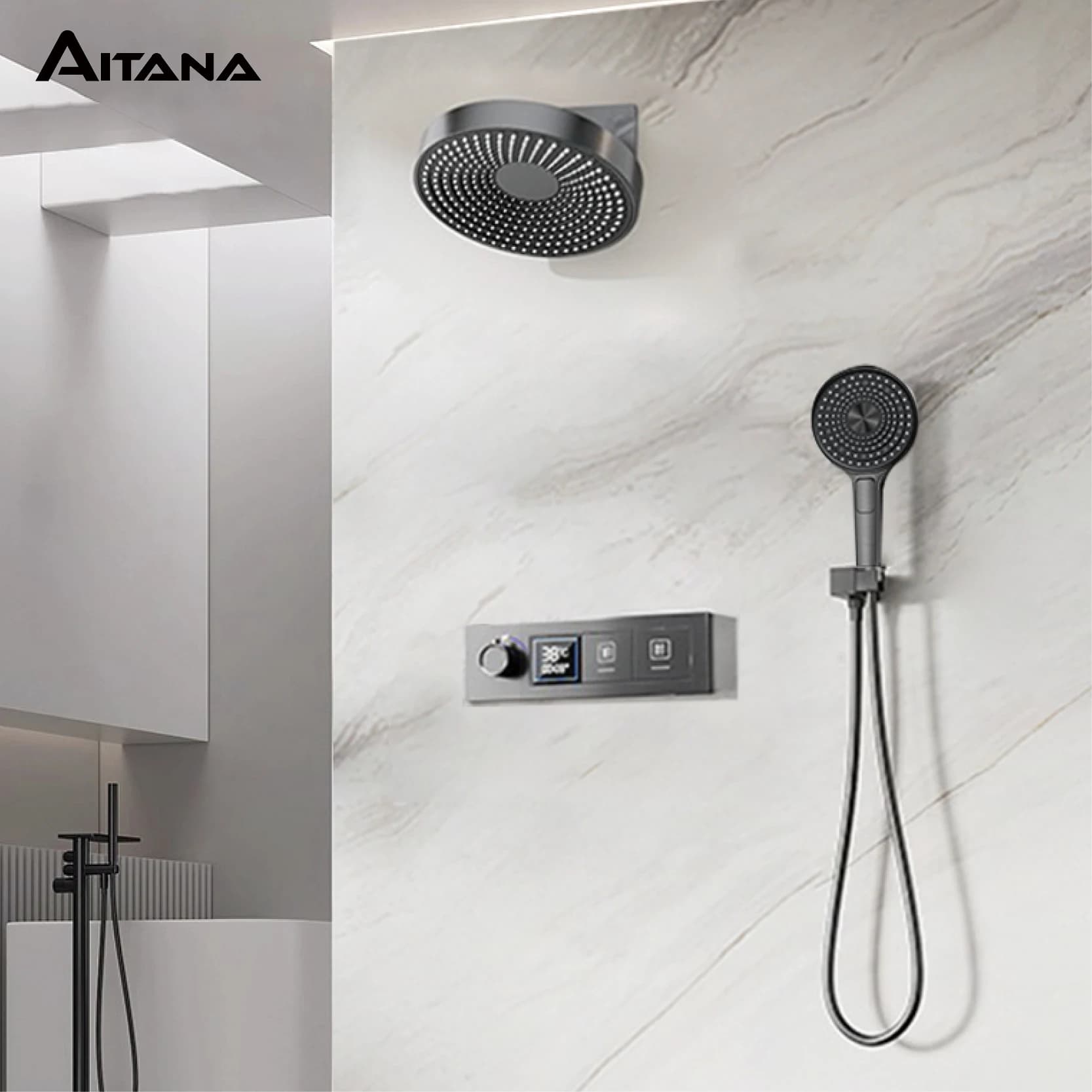 AITANA Miscelatore da bagno a parete con display digitale a LED in ottone nero di lusso a temperatura costante Sistema doccia incorporato a 2 funzioni