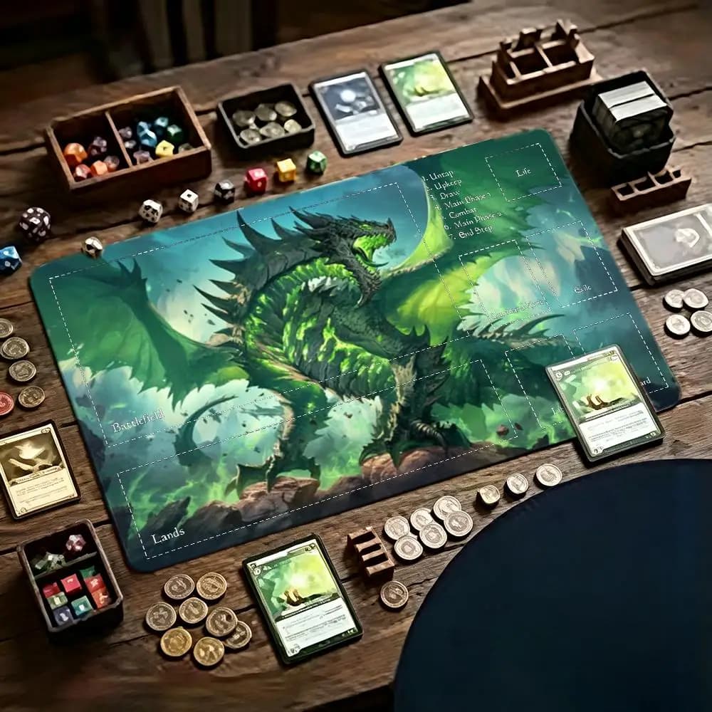 Green Flame Dragon Zoned TCG Playmat Large Desk Mat Mouse Pad Mousepad Non‑Slip Rubber Base Table Mat For MTG Trading Card Game