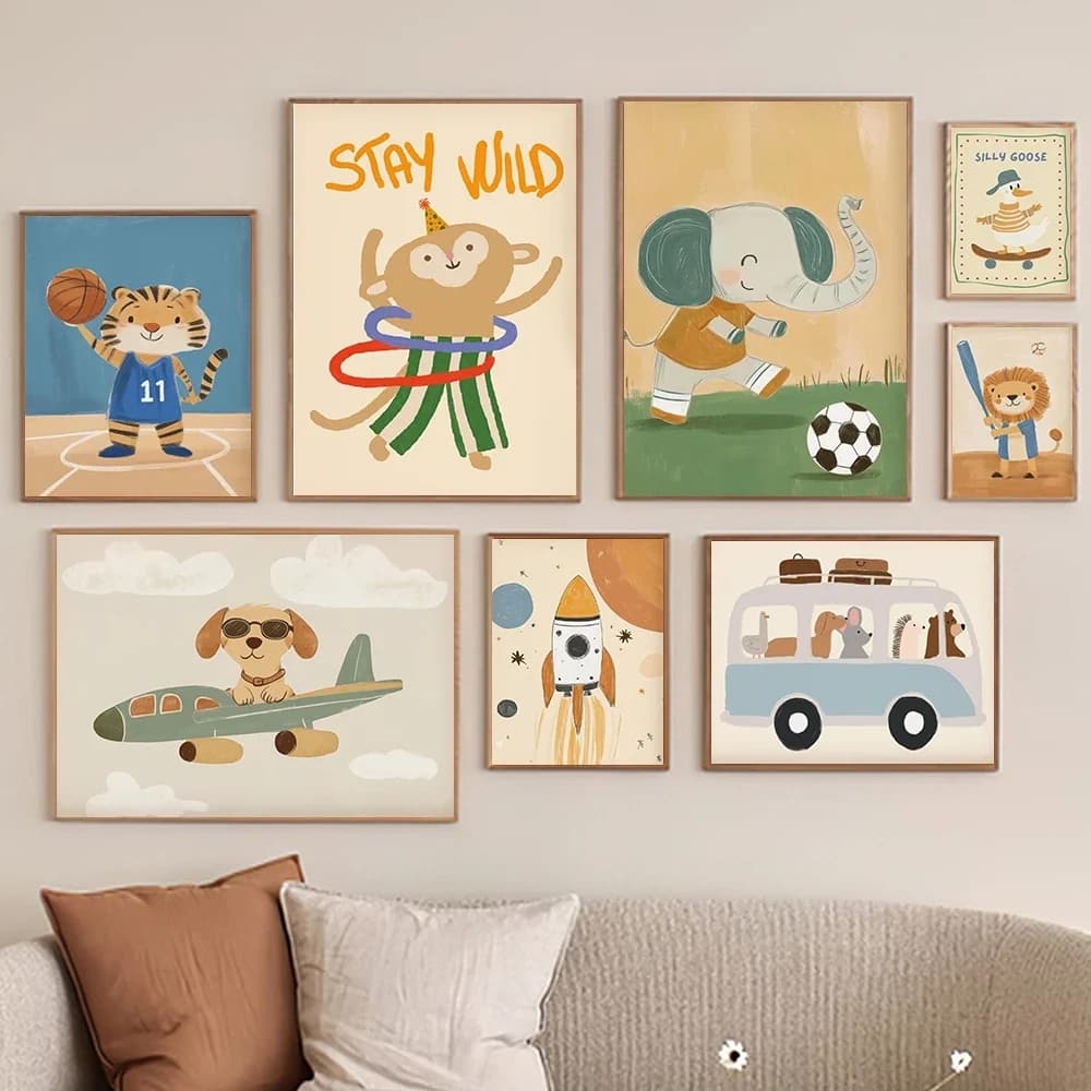 Caroon Animale Wall Art Nursery Stampe su tela Pittura Tigre Leone Elefante Scimmia Cane Poster Immagini Kawaii per la decorazione della camera dei bambini