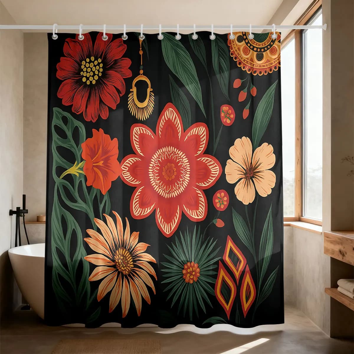 1PC Retro Ethnic Black Floral Shower Curtain, Waterproof Bathroom Privacy Partition Hanging Curtain