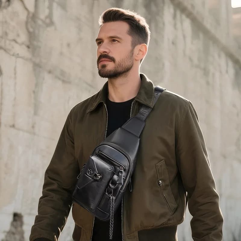Borsa da petto da uomo in vera pelle di fascia alta, borsa a tracolla monopalla con catena per telefono con chiusura in pelle bovina con strato superiore morbido