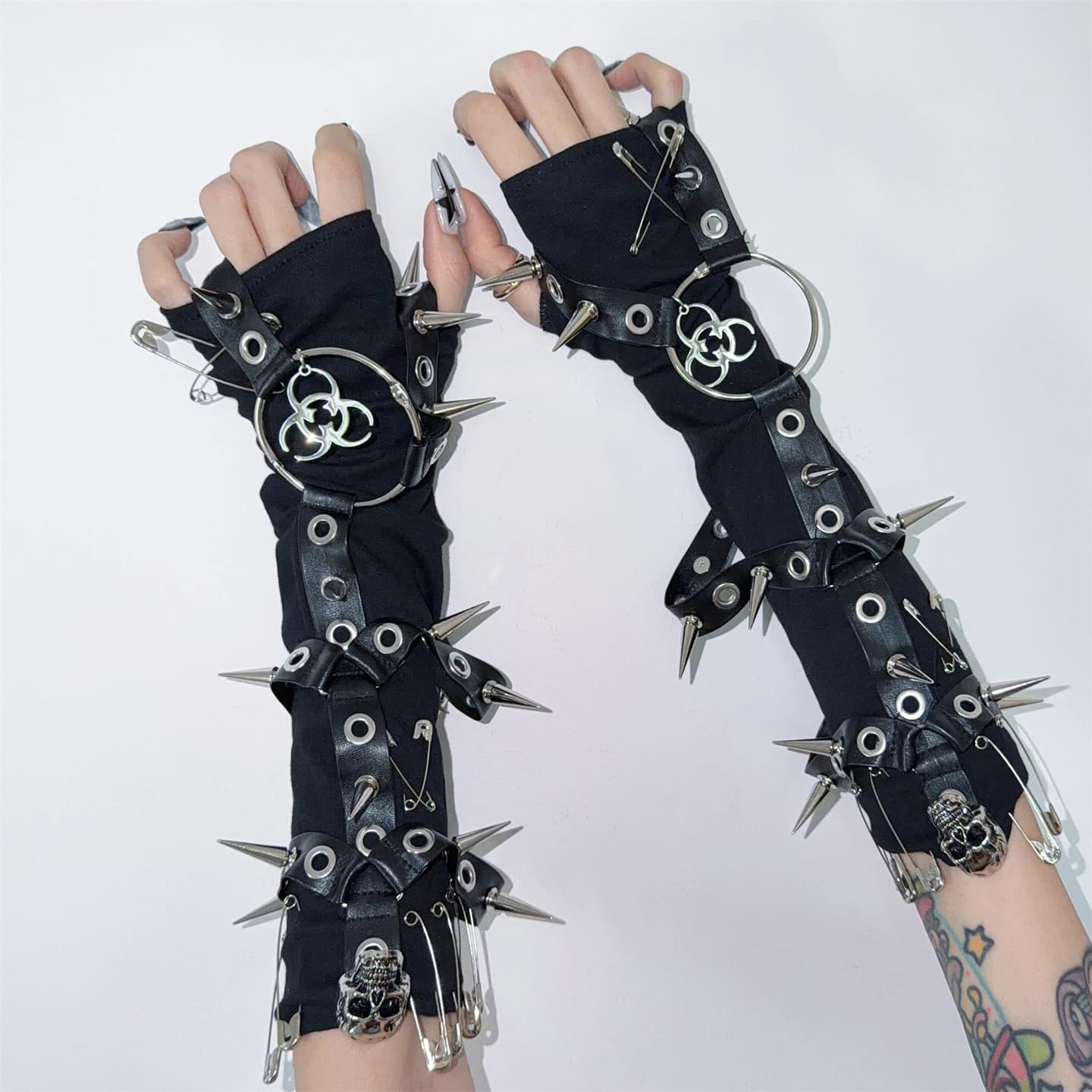 Guanti Lunghi Senza Dita Stile Punk con Rivetti e Teschio, Ispirazione Y2K Heavy Industry, Hot Girl, Cultura Yabi, Danza Europea e Americana