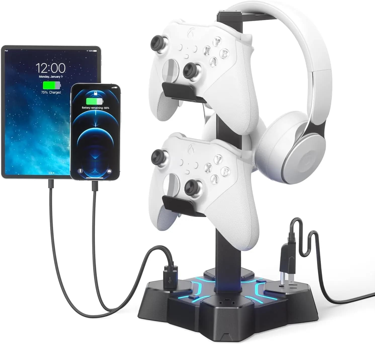 Headphone Stand with USB Charger, Controller Stand for Desk, Headphone Holder with 2 USB Charging Ports and 3 AC Outlets, Accessories for Desktop(Black)