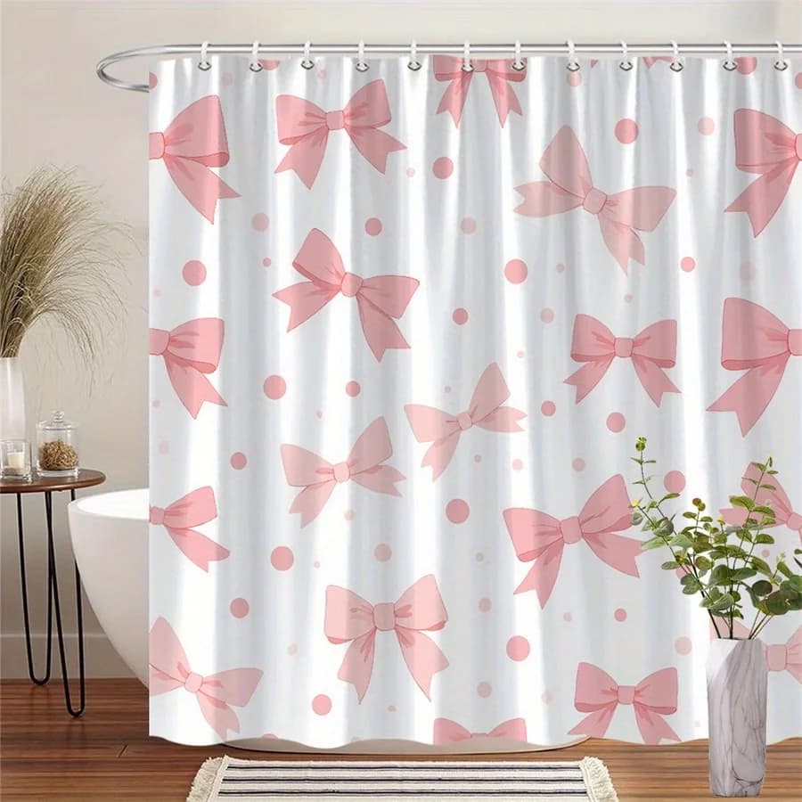 1 tenda da doccia rosa a pois con motivo a fiocco, tessuto in poliestere, lavabile in lavatrice, adatta per l'arredamento del bagno.