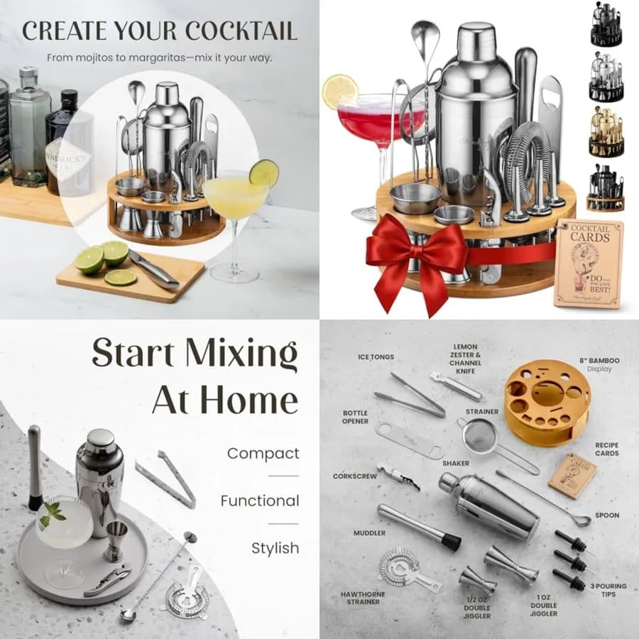 Bartender Kit 15 Pcs Cocktail Shaker Set with Stand Complete Cocktail Kit Gift Set Top Bartender Gifts for Men Women Exclusive