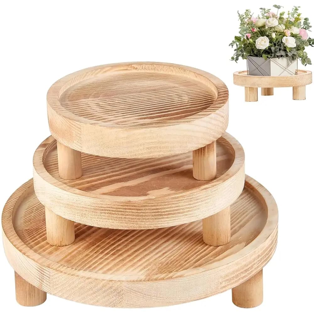 Set di 3 Supporti in Legno per Esposizione, Piedistallo Rotondo in Legno 5/6/8 Pollici, Porta Vasi per Fiori, Piccolo Vassoio per Piante