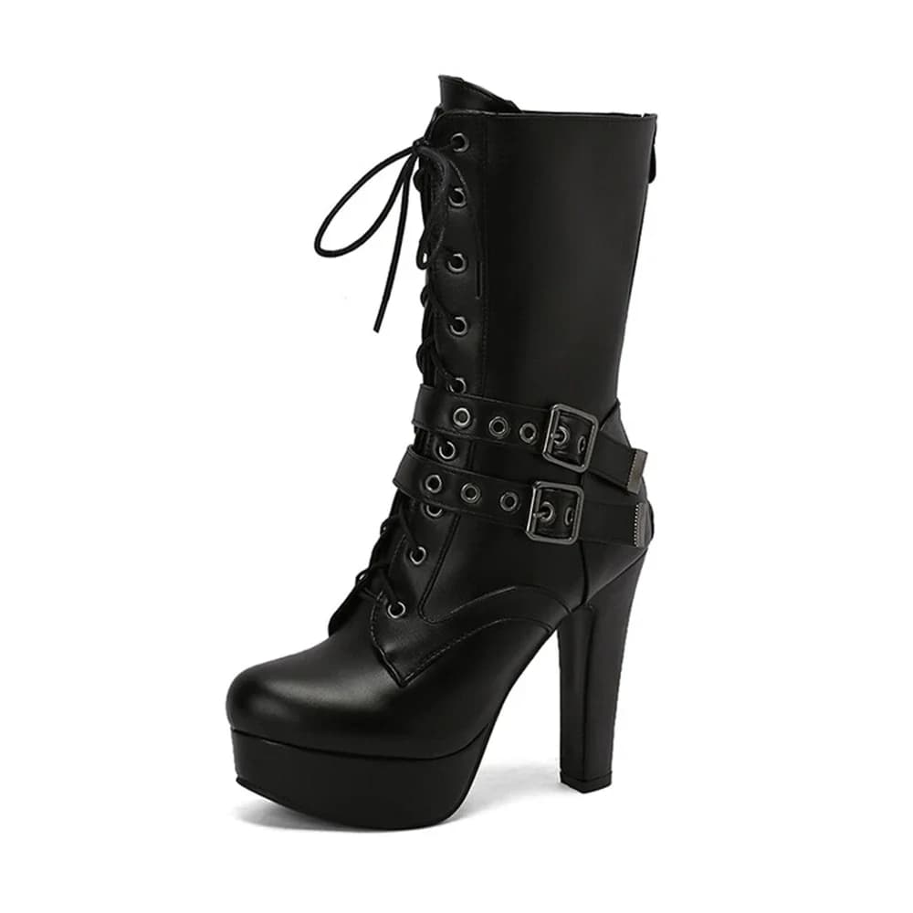 Mid-Calf Boots Women Autumn and Winter Round Toe High Heels Back Zipper and Cross Tied Platform Knight Boots Big Size 50 338-49