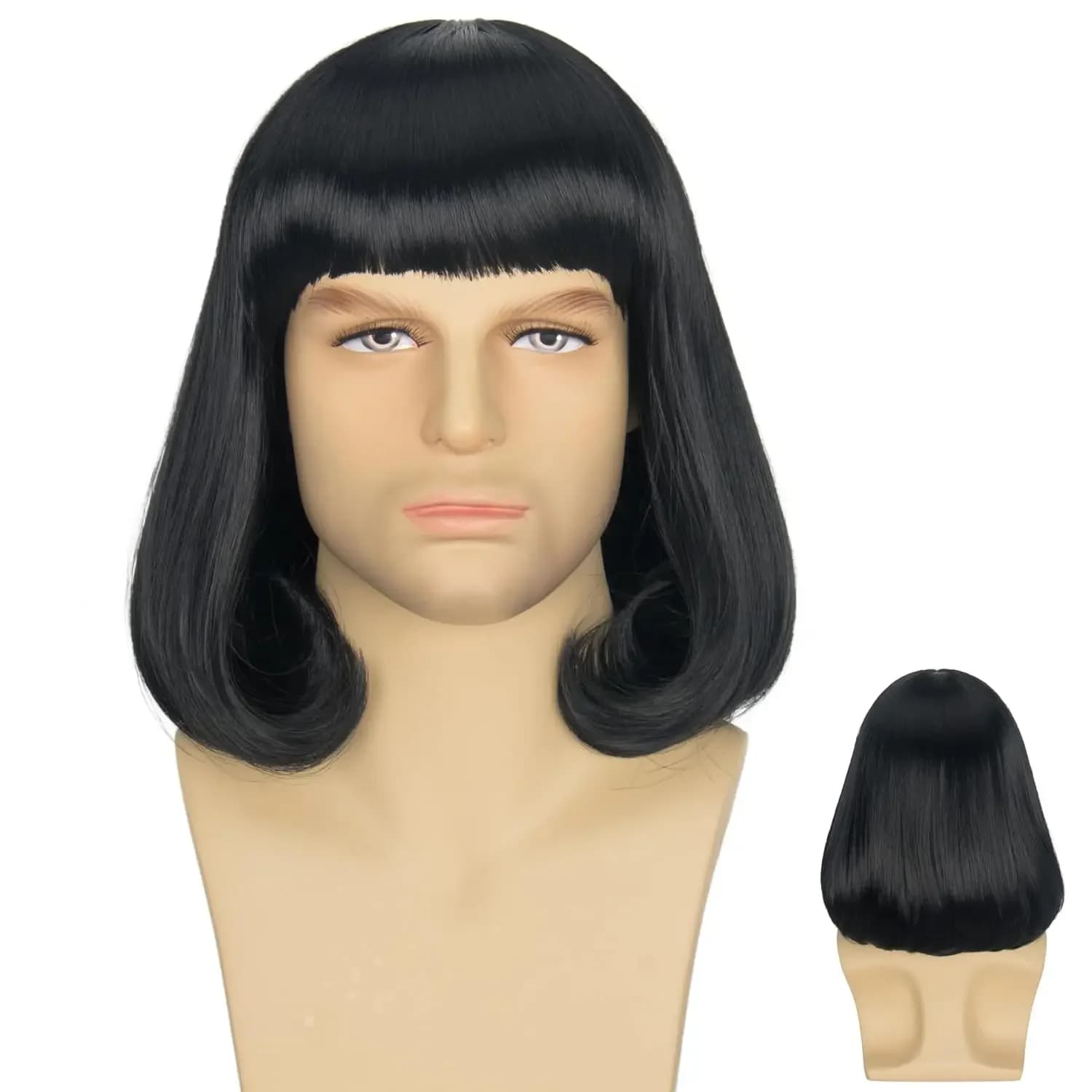 Parrucca sintetica unisex nera dritta con botto corto e completo, realistica parrucca Bob per cosplay di Halloween con frangia Parrucca Lord Farquaad