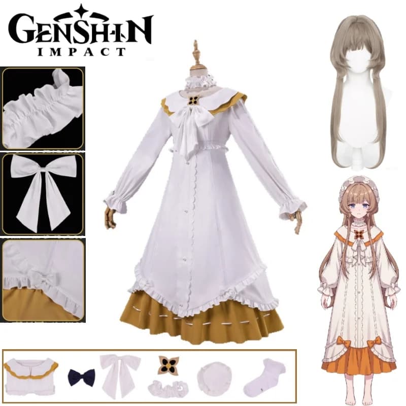 The Marionette Sandrone Cosplay Costume White Pajamas Suit and Wig Game Genshin Impact Cos for Roleplay Party Women Casual Suit