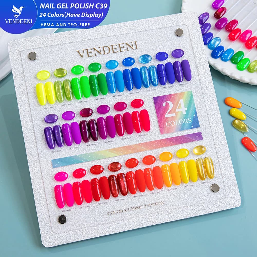 Vendeeni 24 Colors Rainbow Pure Color Gel Nail Polish Set Neon UV LED Soak Off Magnetic Glitter Cat Eye Gel Varnish With Display