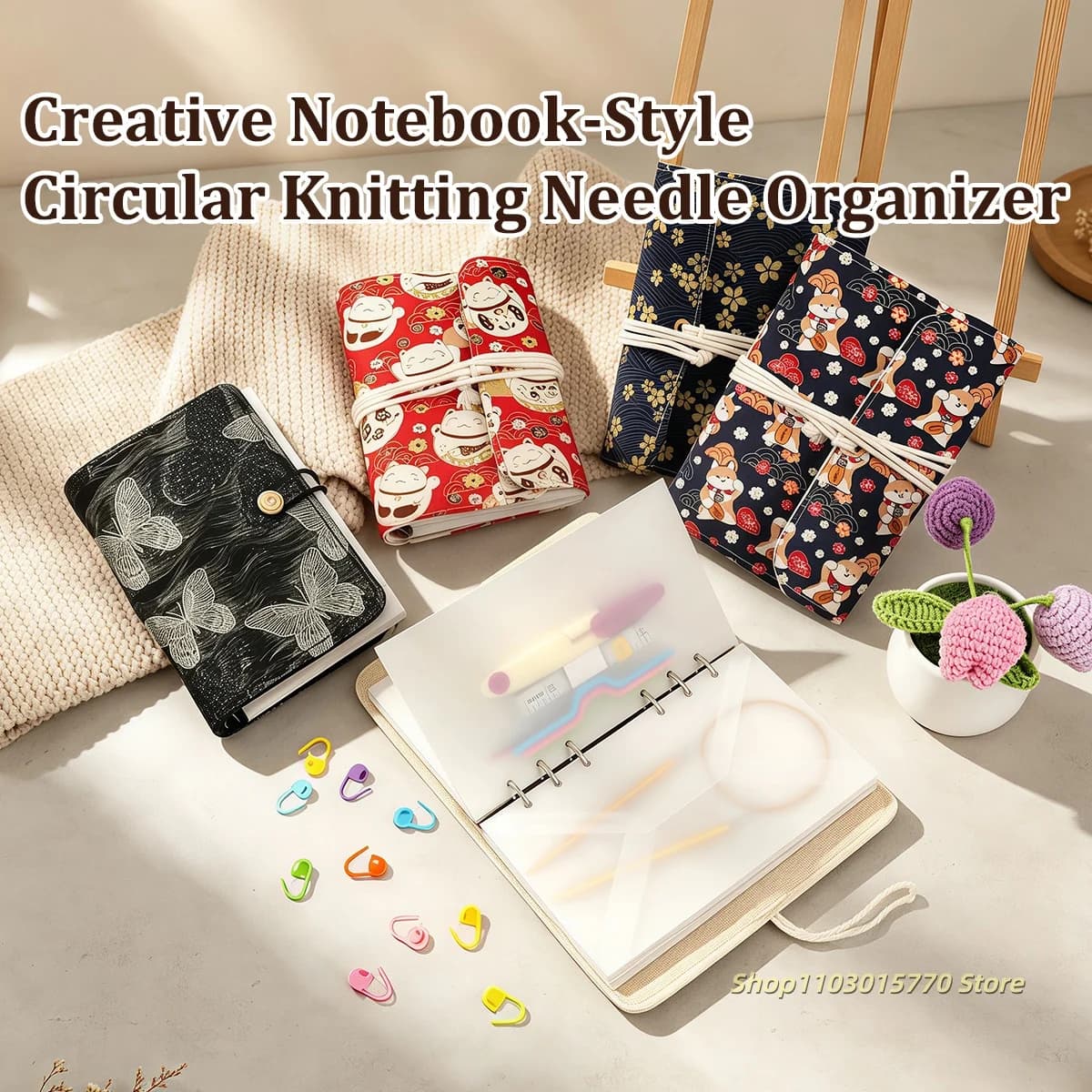 Creative Notebook-Style Circular Knitted Needle Storage Bag with 20pcs Sulfuric Acid Paper Bag DIY Sewing Accessories Storage