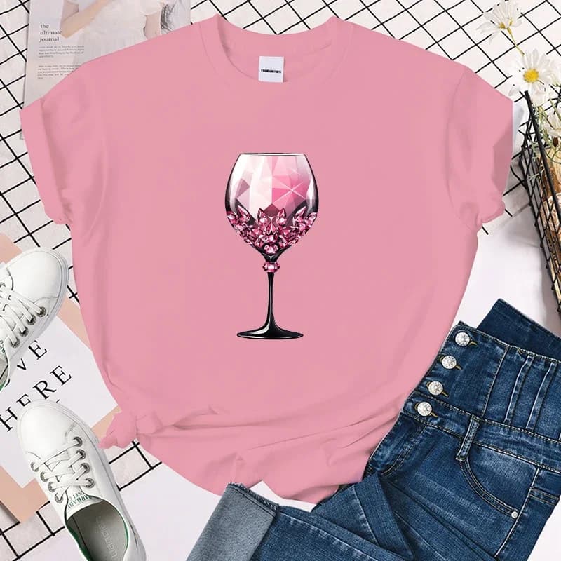 (T-shirt Premium) T-shirt da donna con stampa bicchiere di vino rosa, Abbigliamento Cosplay, Streetwear, Maglietta Plus Size