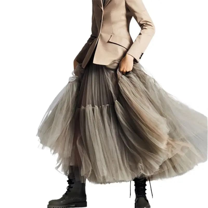 2025 Summer High Waist Long Tulle Skirts Spring Autumn Woman Solid Color A Line Tutu Skirts Female Pleated Mesh Clothing