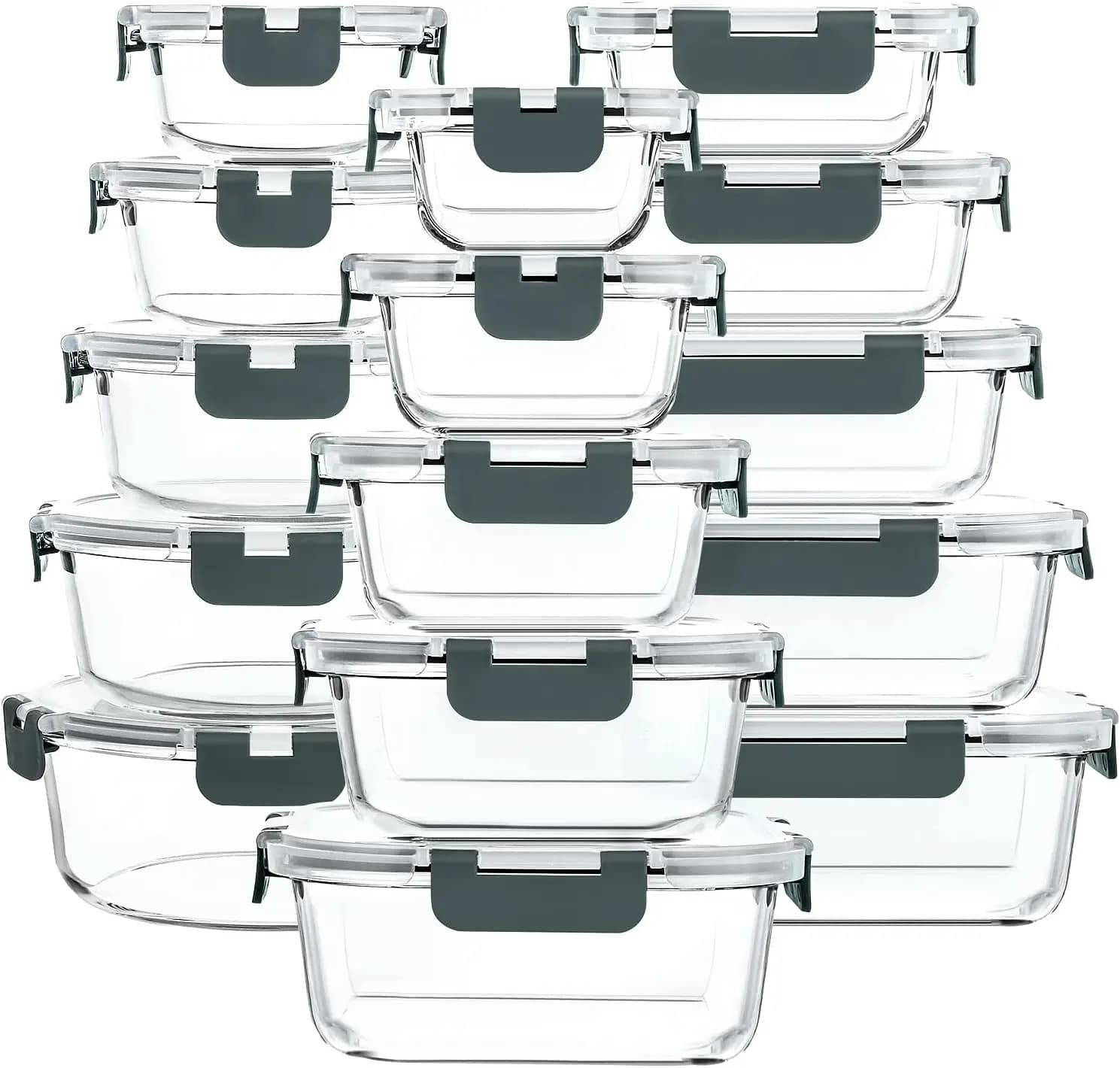 Set di 30 Contenitori in Vetro per Alimenti con Coperchi a Chiusura Ermetica, Adatti per Microonde, Forno, Congelatore e Lavastoviglie