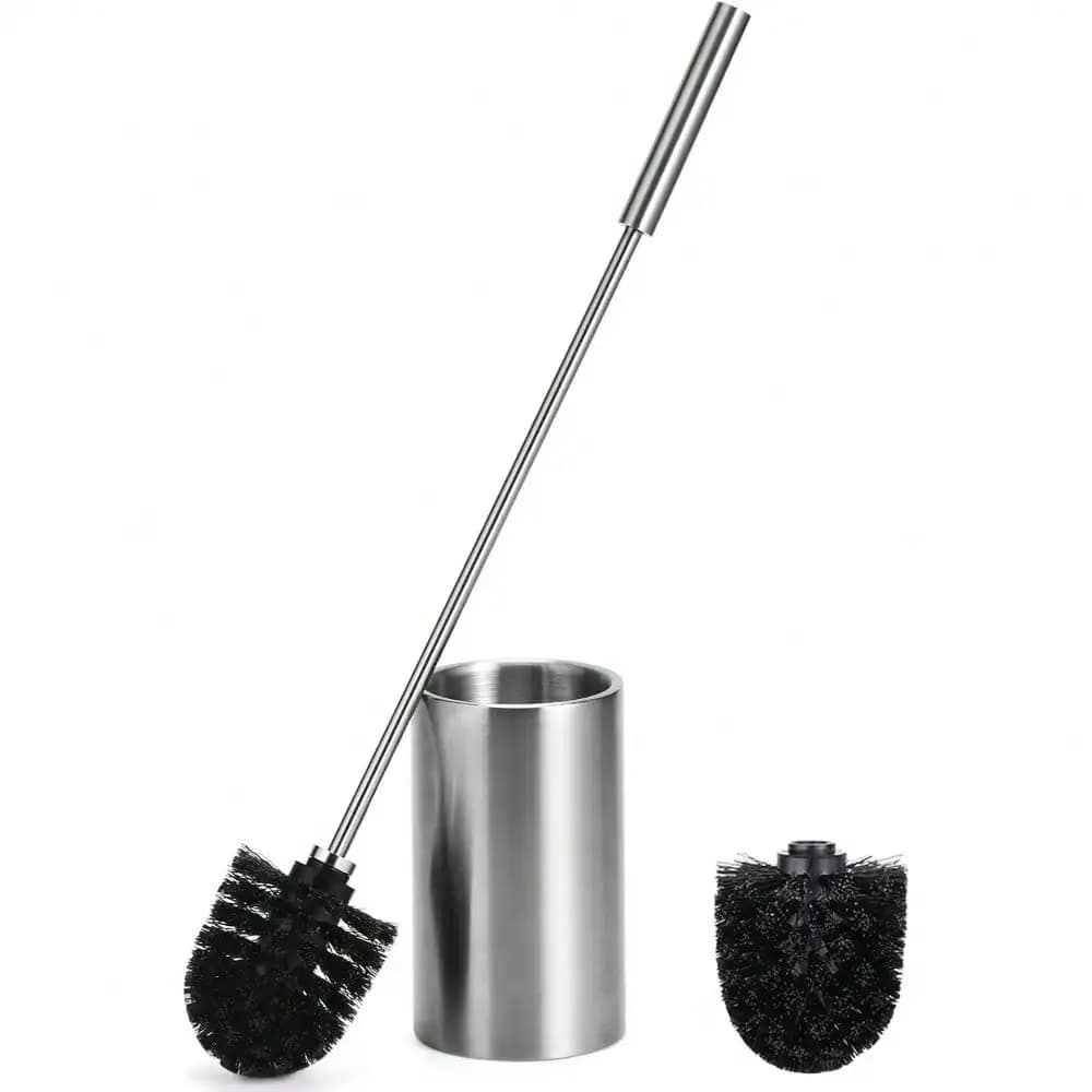 Long Handle Toilet Brush And Holder Set With 304 Stainless Steel Base, Includes 2 Brush Heads For Deep Cleaning (Silver)