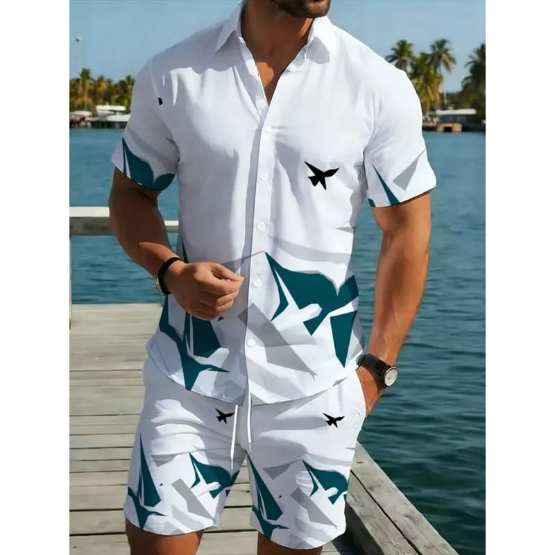 Summer Men's Casual Beach Outfit White Polyester Shirt Shark Printed Shorts Breathable Comfort for Outdoor Travel