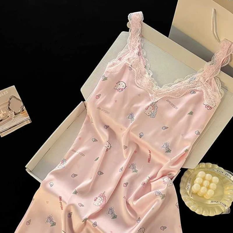 Sanrio Hello Kitty Abito pigiama sexy per donna, vestito lungo estivo, abbigliamento da notte, gonna da notte senza maniche, camicia da notte con scollo all'americana, abbigliamento per la casa