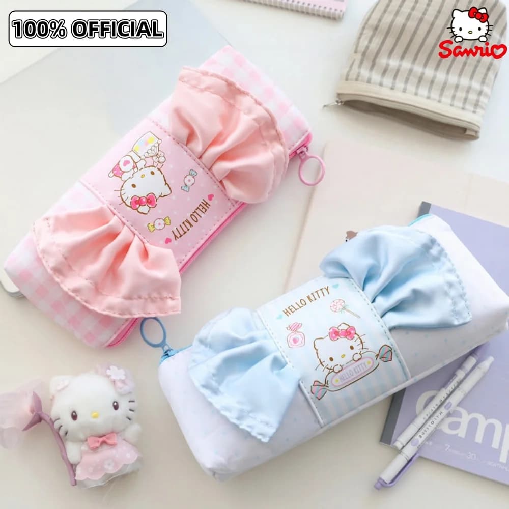 Genuine Sanrio Hello Kitty Bow Pencil Case Cartoon Kt Cat Travel Portable Storage Bag For Makeup Brush Earphone Stationery Gifts