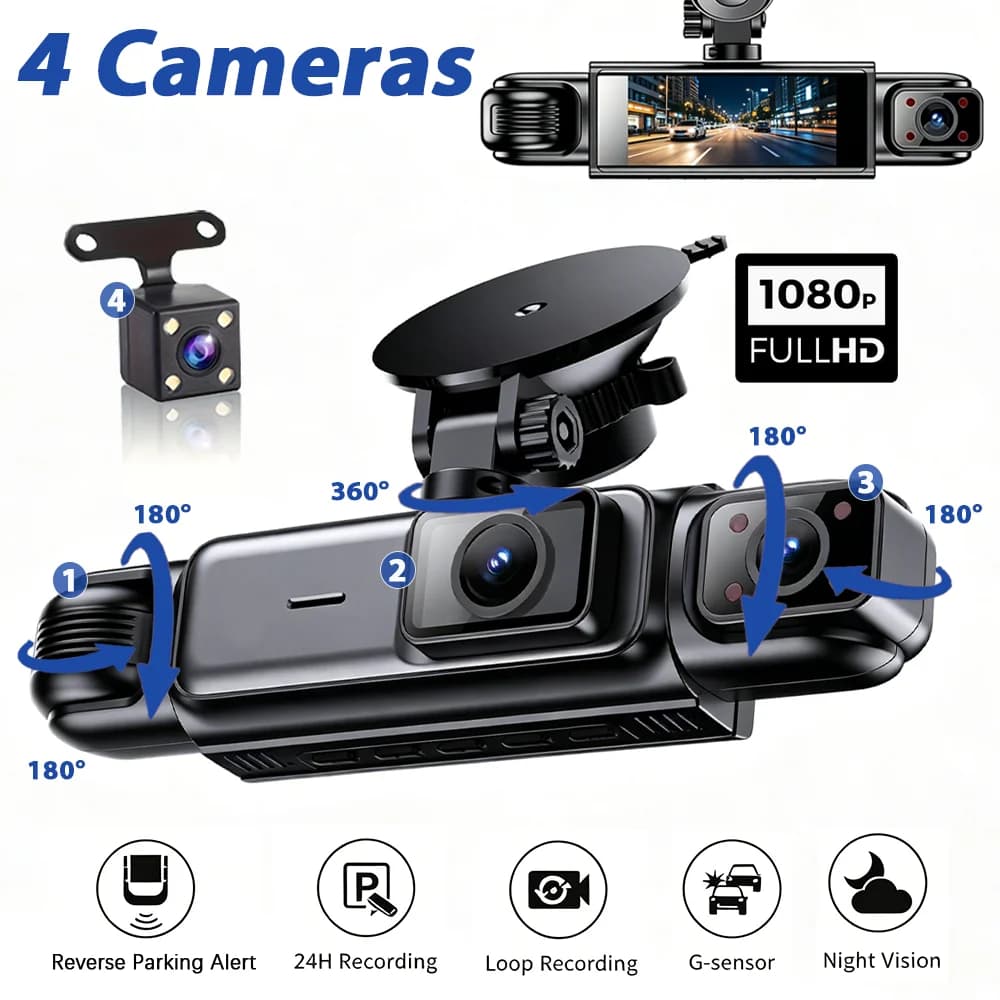 Car Dash Cam 3/4 Cameras Black Box 1080P HD Night Vision 24/7 Parking Monitor G-Sensor Loop Recording Car Video Recorder