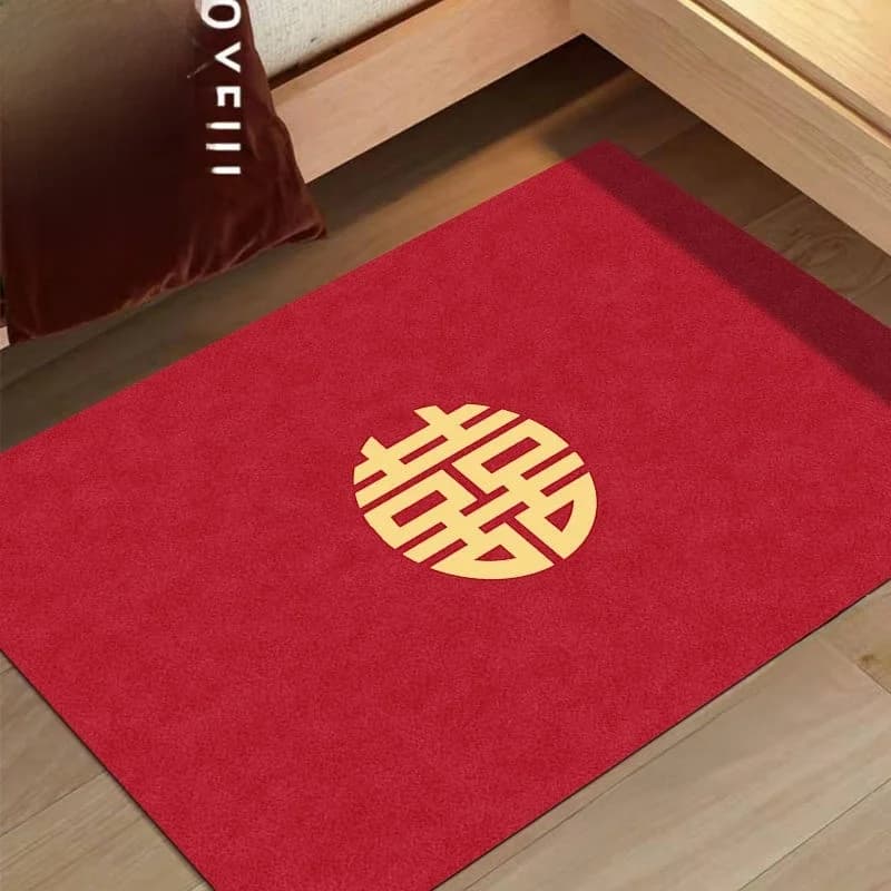 Wedding Celebration Anti-Slip Carpet Bedroom Bed Tail Rug Home Use Door Mat Red Marriage Room Non-Slip Foot Pad Polyester Fiber