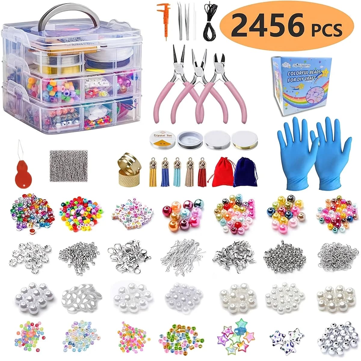 Kit per la creazione di perline fai da te da 2456 pezzi, set regalo a tre strati, adatto per braccialetti, gioielli, regali di moda