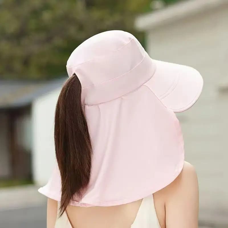 Wide Brim Foldable Hat with Integrated Face Mask Shawl Adjustable UV Protection for Outdoor Beach Hiking