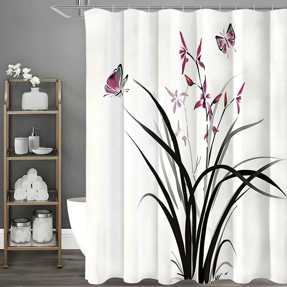 Tenda da doccia con farfalla orchidea con pittura a inchiostro cinese, tenda da doccia decorativa per bagno, tenda da doccia impermeabile con ganci