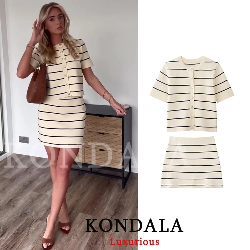 KONDALA Completo Casual Chic da Donna a Righe, Top a Maniche Corte con Scollo a O e Bottoni, Gonna Corta, Nuova Moda Primavera Estate 2026