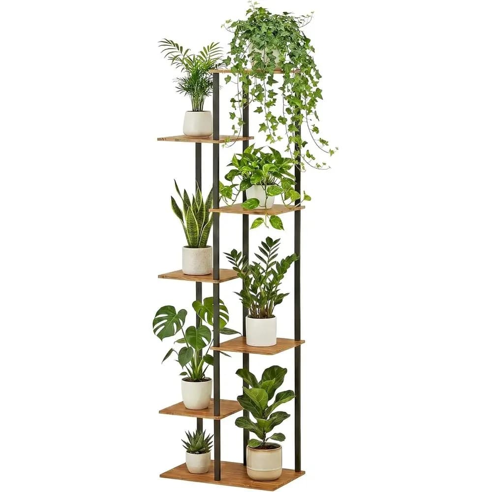 Support for 7 Levels of Metal and Wood for Interior, Ideal for Living, Balcony or Bedroom, Rustic Brown