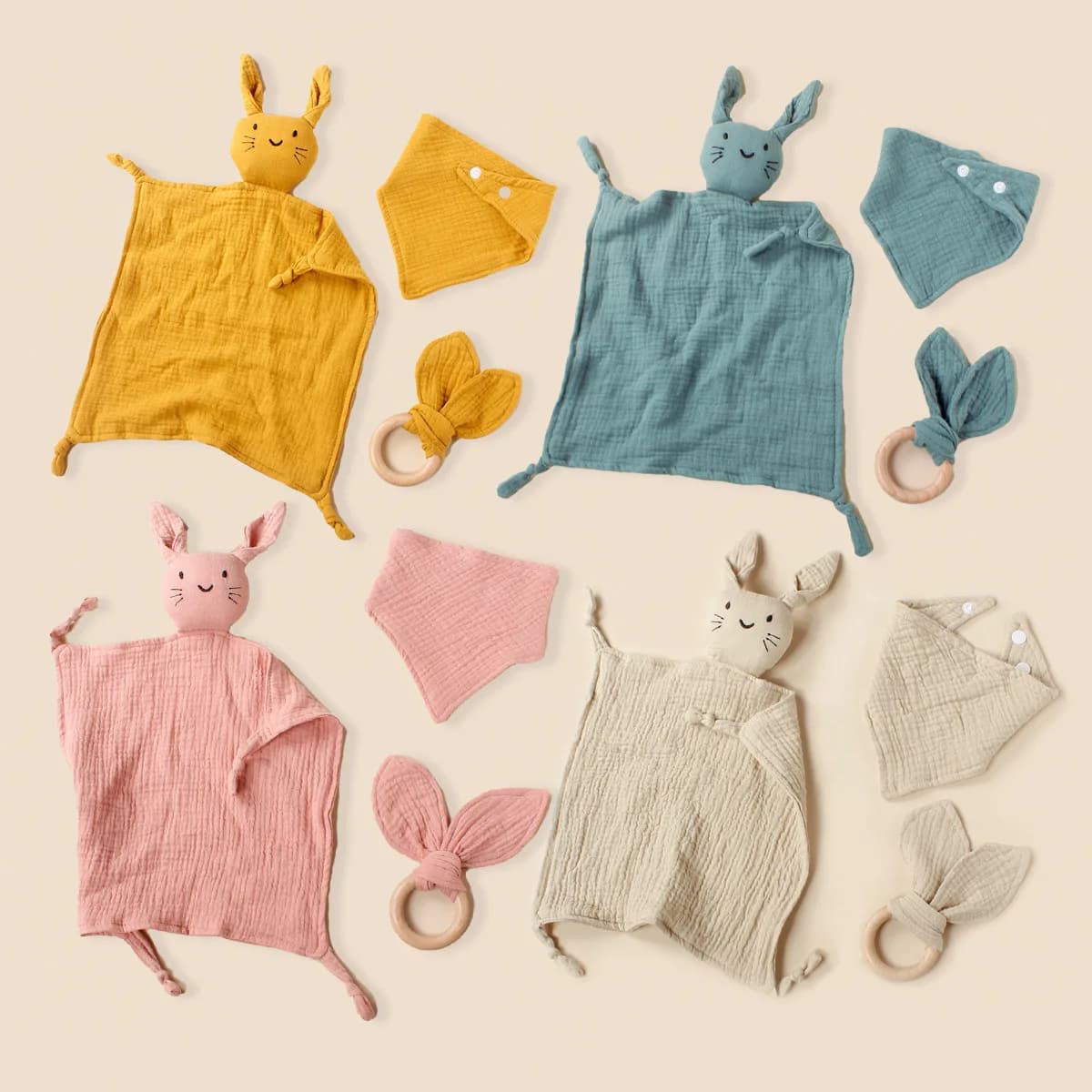 3 pezzi set di asciugamani comodi per bambini mussola gatto triangolo quadrato bavaglino orecchio di coniglio anello di legno set di dentizione per bambini strumenti per saliva