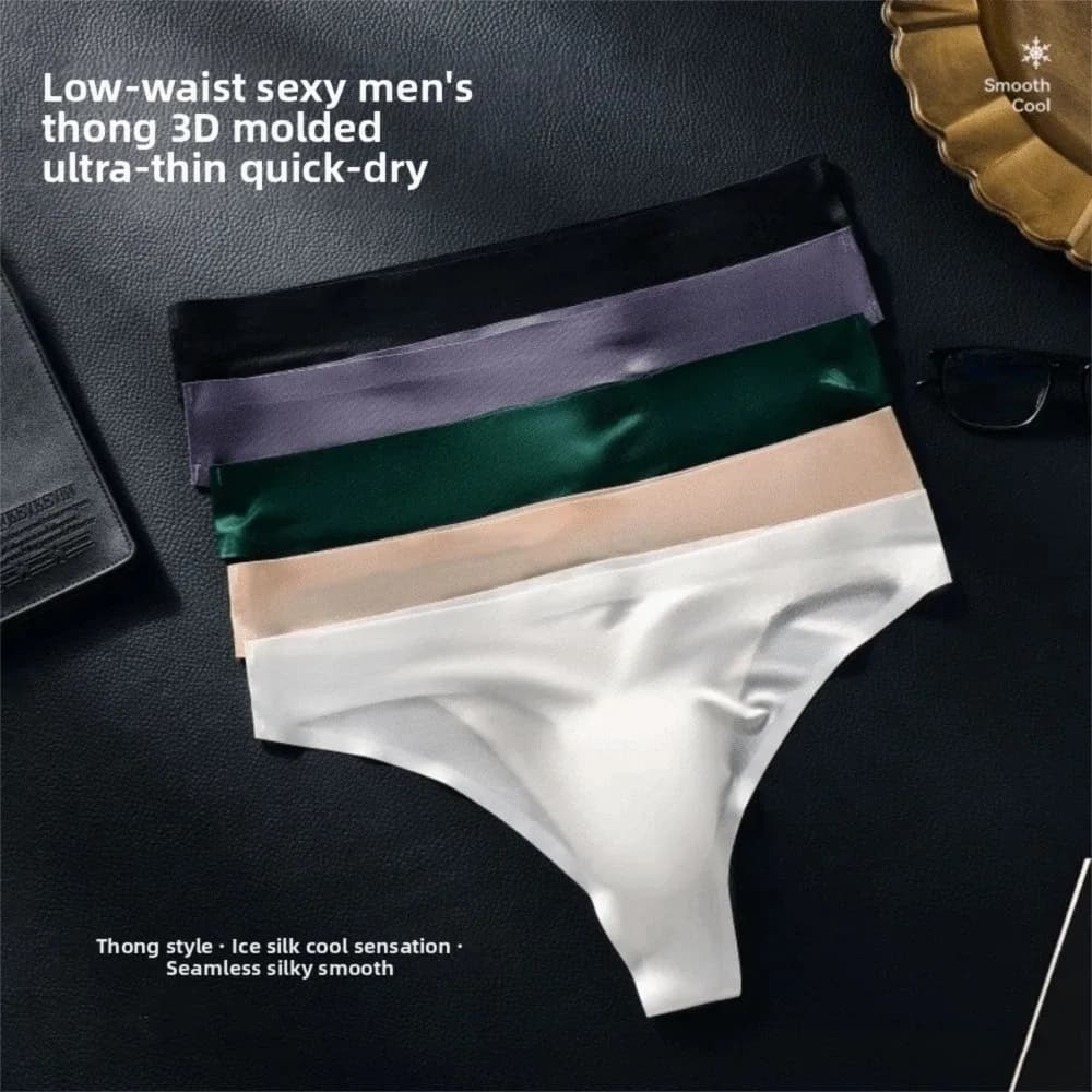 Lingerie Seamless Ice Silk Briefs Low Waist Ultra-thin T-Back Panties Ice Silk 3D Pouch Men's Thong Sports Underwear