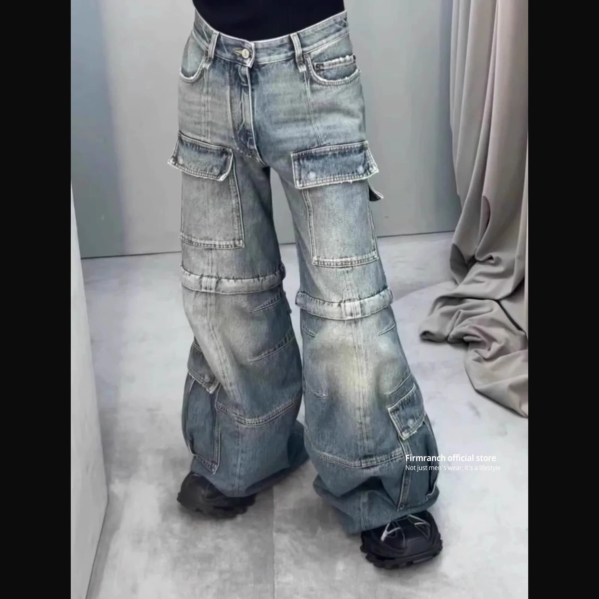 Firmranch Blue Make Old Detachable Cargo Denim Pants For Men Women High Street Flared Jeans Two Ways To Wear Bootcut Trousers