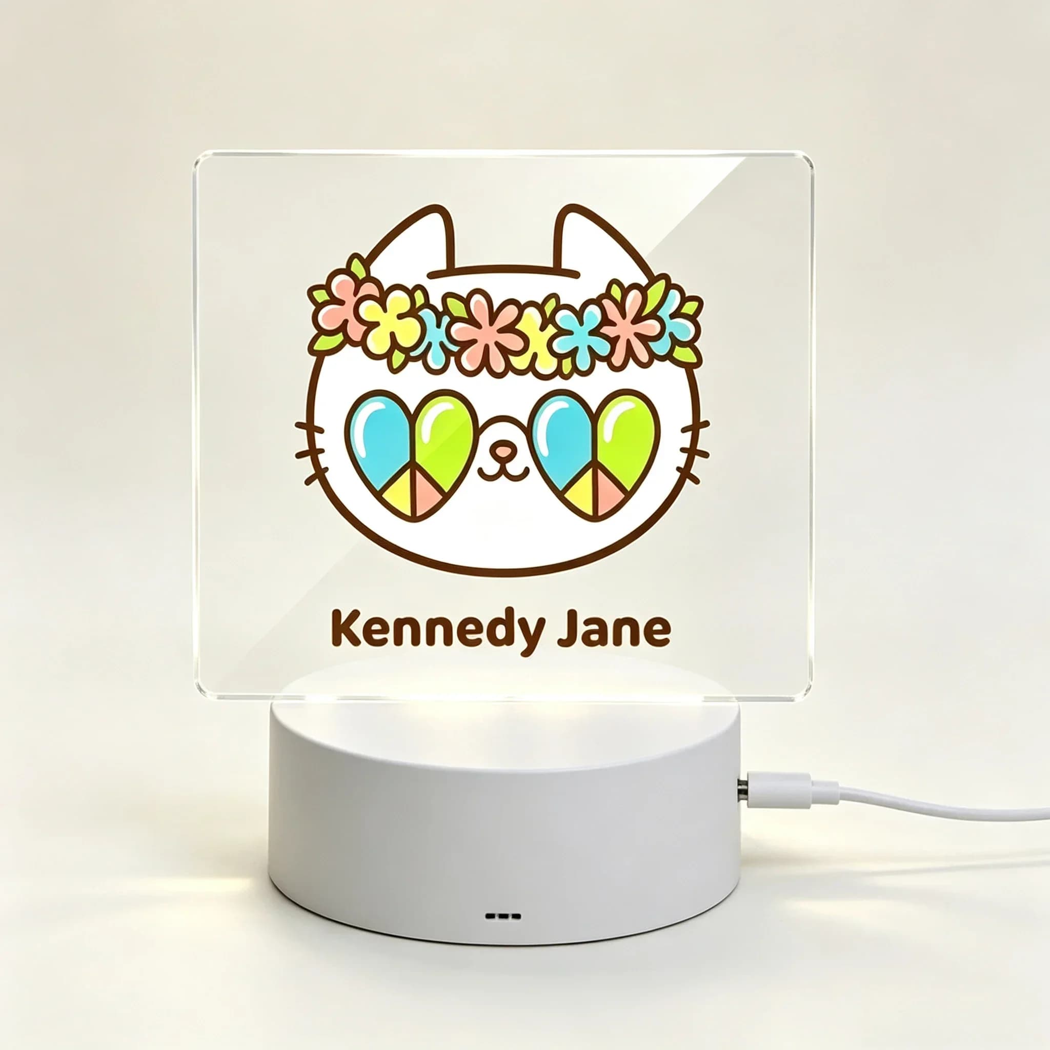 Custom Name LED Acrylic Night Light, Cute Cat With Flower Wreath Heart Sunglasses USB Touch Lamp Kids Bedroom Gift