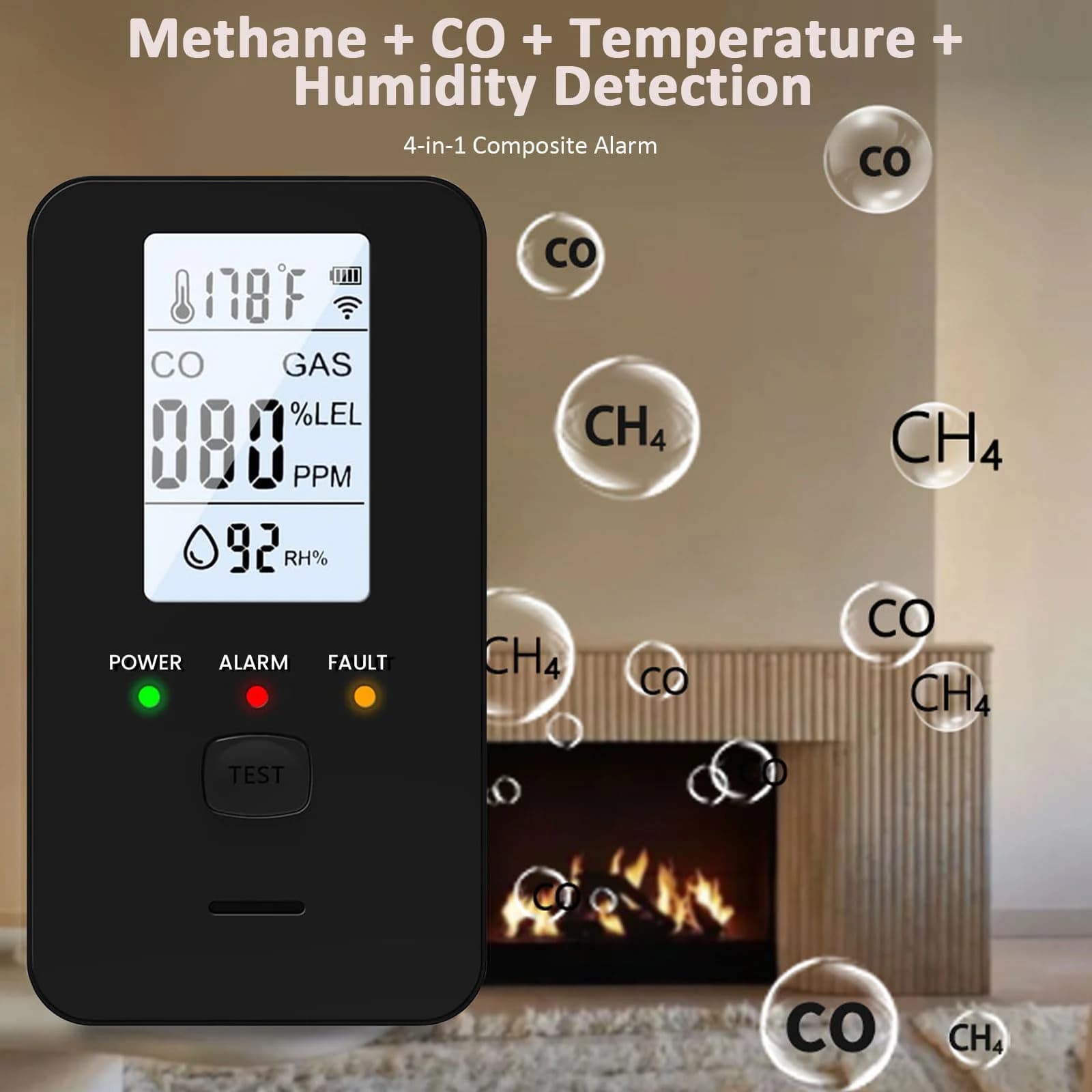 Rilevatore 4-in-1 di Gas Naturale e Monossido di Carbonio, Allarme Monossido di Carbonio da Collegare alla Presa, Rilevatore di Propano, Metano, Gas Combustibili e CO