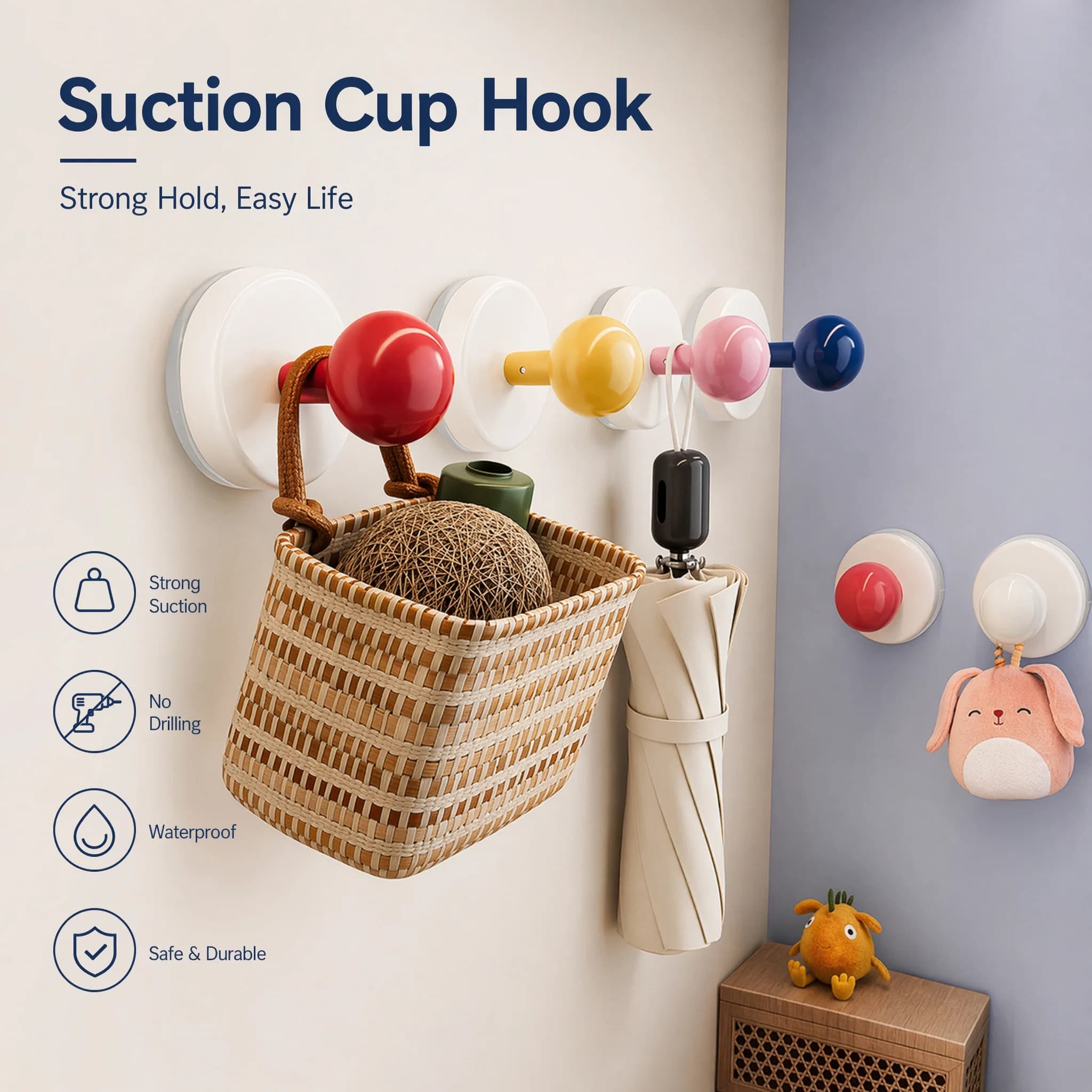 No Drill Dopamine Color Ball Suction Cup Hooks Reusable Wall Hooks Removable Key Towel Clothes Hanger For Bathroom Kitchen Door