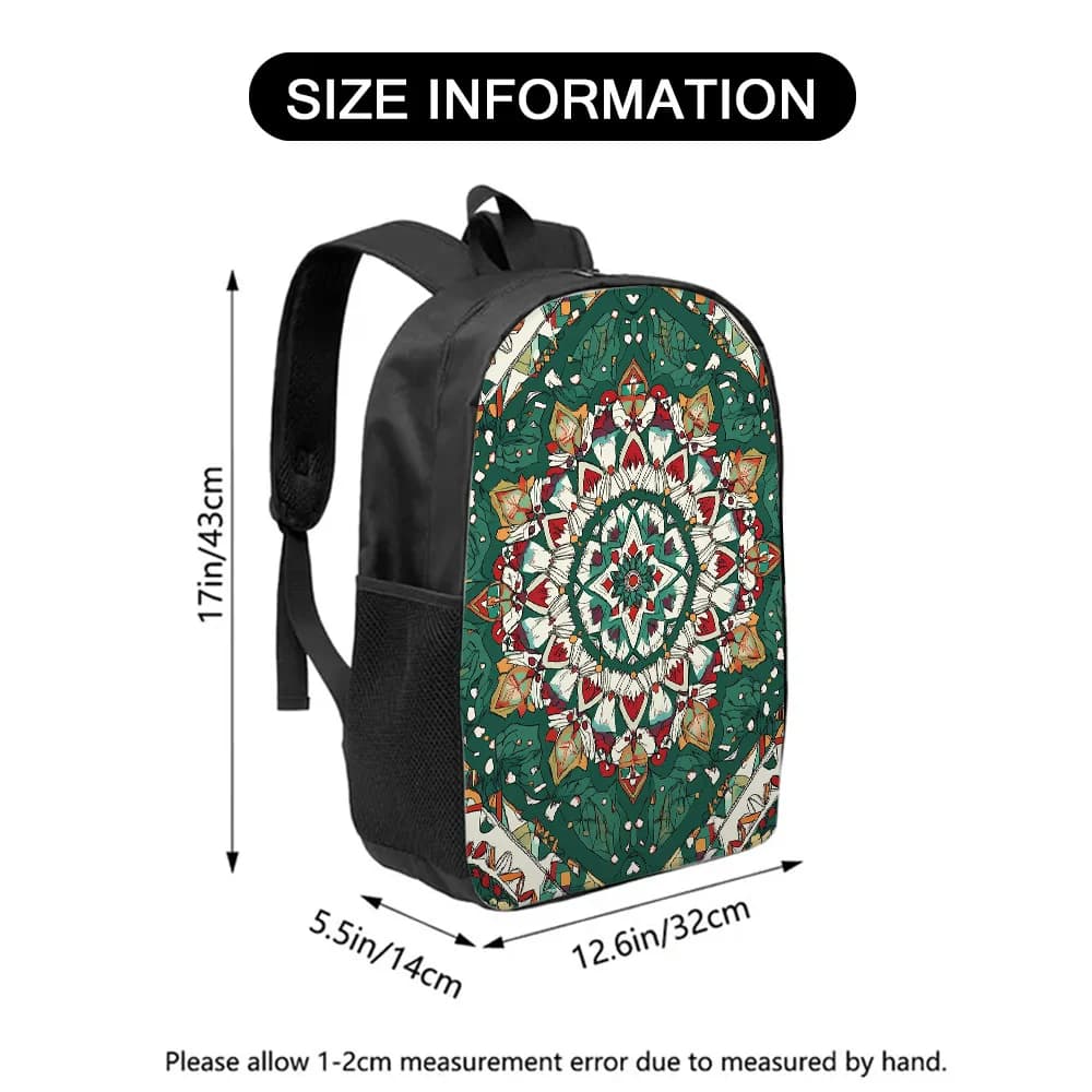 Lightweight and robust backpack with 2D geometric print with green kaleidoscope, ideal for carrying books and laptops
