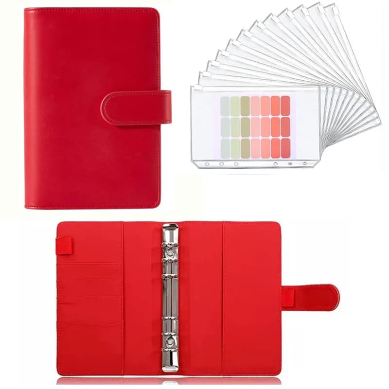 Raccoglitore budget rosso A5 A6 con buste per contanti da 12 pezzi, raccoglitore per notebook colorato in pelle PU con 12 tasche raccoglitore A6