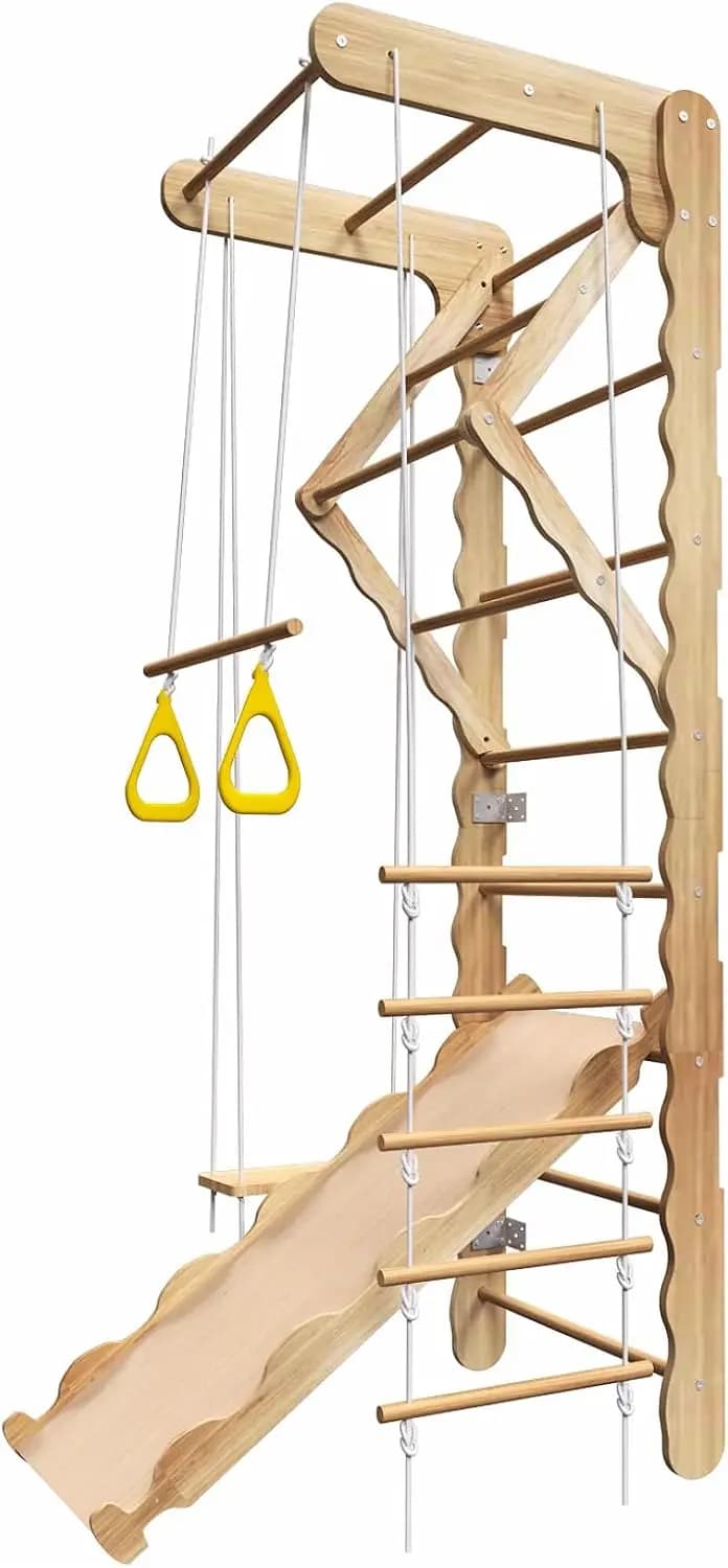 Gym from Interior in Wood 5-in-1 for Children, Swedish Scale to Wall with Traction Bar, Rings, swing and slide – Montessori Style