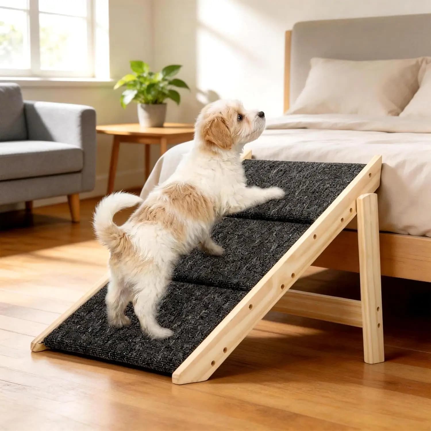 Rampa e Scala Pieghevole 2-in-1 in Legno per Cani per Letti Alti, Divani, Auto - Scalini Antiscivolo Tappetinati per Cani Anziani, Resistenti