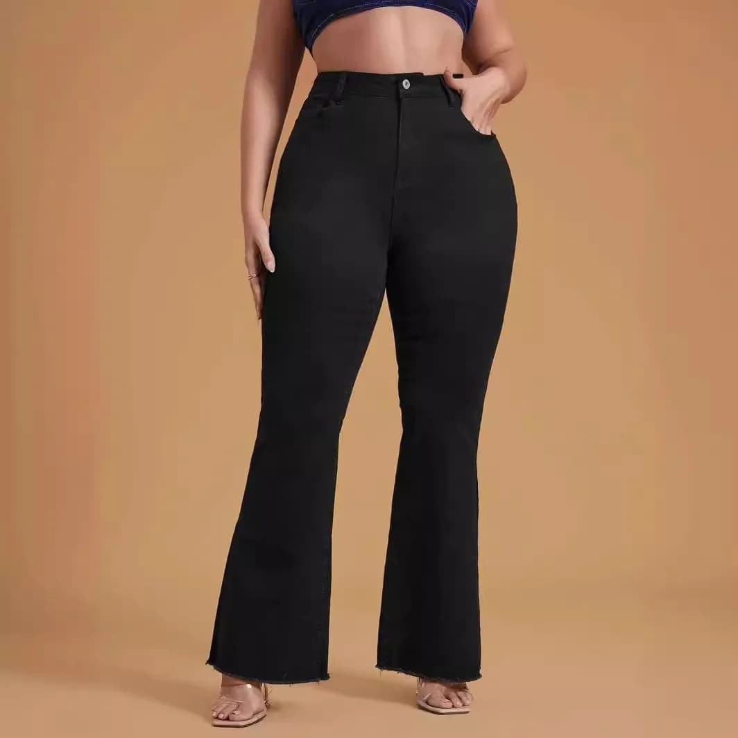 Women's Black Mid Waist Jeans Plus Size Cotton Denim Pants Five Pocket Bell Bottom Jeans Wide Leg Button Fly Flared Jeans