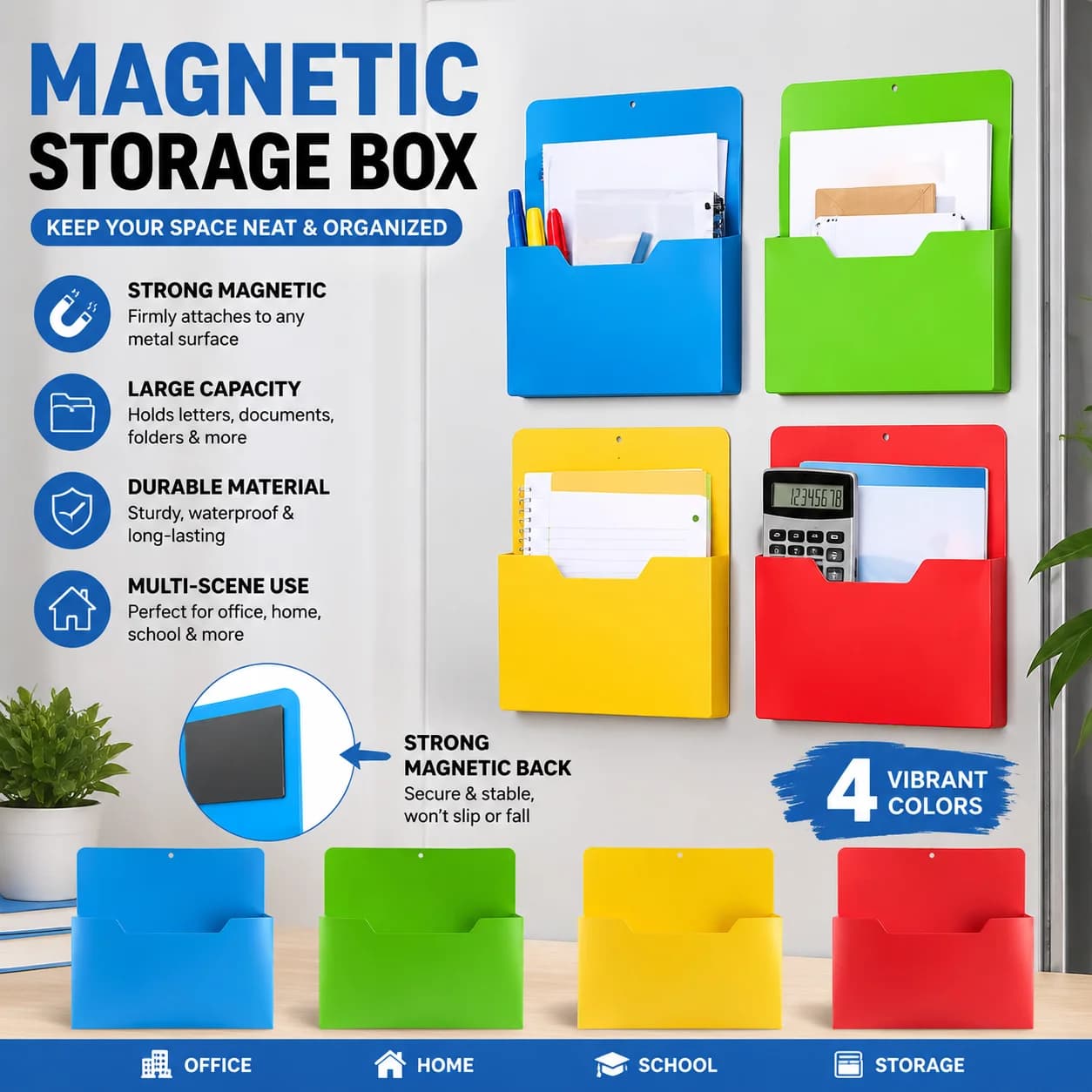 Magnetic Wall Mount Storage Box, Strong Magnet Document File Holder, No-Drill Mail Paper Folder Organizer for Office Home School
