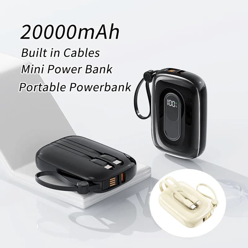 20000mAh Mini Power Bank Portable Charger Built in Cables 22.5W Fast Charging Powerbank for iPhone Xiaomi External Spare Battery