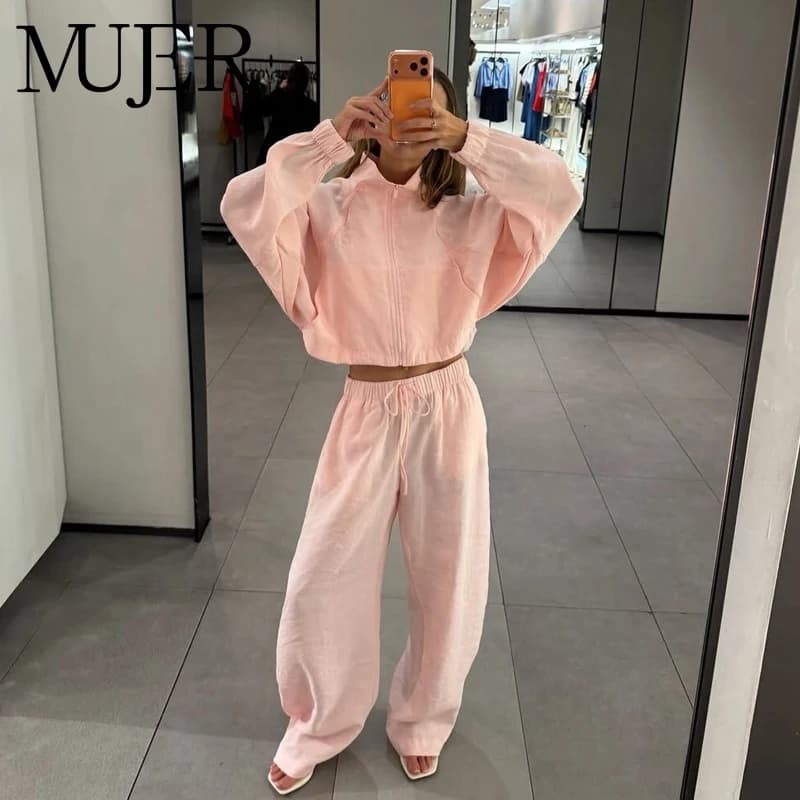 MUJER Wide Leg Pants Sets for Women 2 Pieces Mid Waist Pleated Women's Pants Suit Summer Cropped Jacket Woman Outfit Trousers