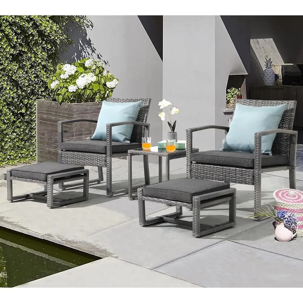 Outdoor furniture set in Rattan PE Grey weatherproof with Chair, Pouf and Table, Included cushions, Ideal for Garden