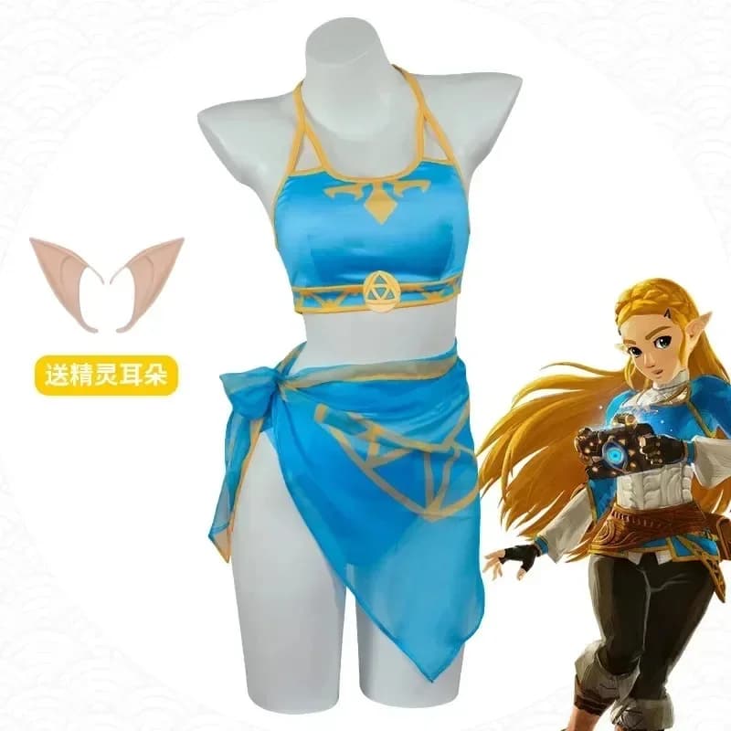 Premium Outfit Princess Summer Swimwear Sexy Swimsuit Cosplay Zelda Ears Golden Straight Wig Soft Blue Bikini Set