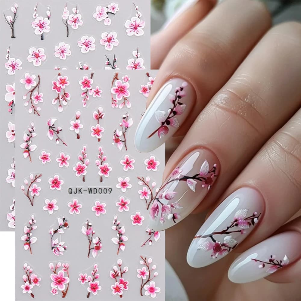 2 Pezzi Adesivi 3D per Unghie con Fiori di Ciliegio Primaverili, Decorazioni Colorate per Manicure Fai-da-Te