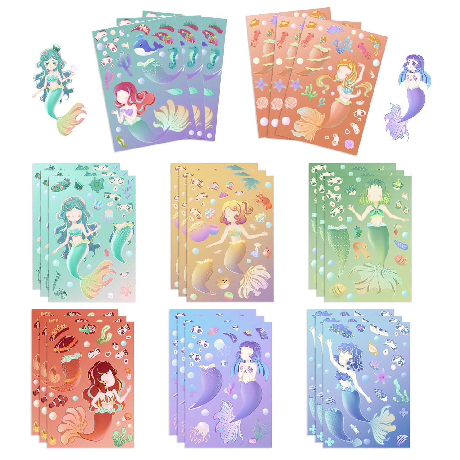 8 pezzi di adesivi puzzle fai da te con sirena colorata, faccia di cartone animato, divertenti adesivi per graffiti, quaderni per bagagli, giocattoli per bambini